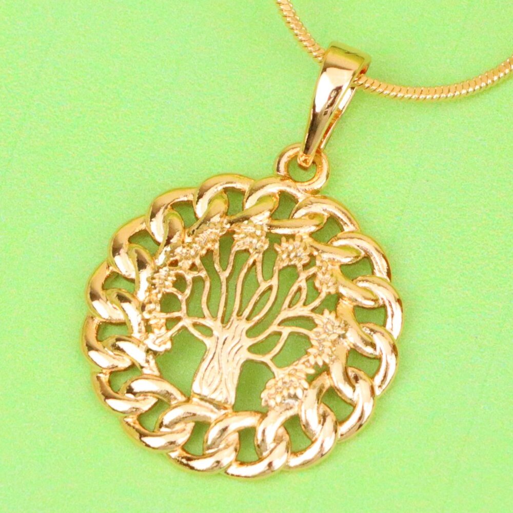 "Tree of Life Round Rose Gold Pendant with Chain Pattern Frame, XPPT1294